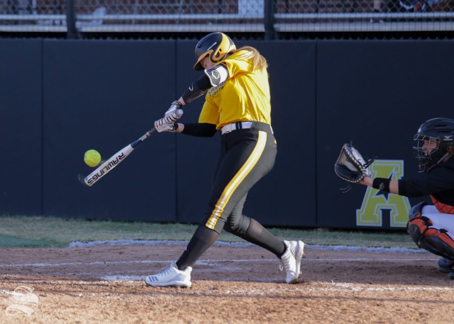 Wichita State outfielder Bailee Nickerson records a hit against Oklahoma State. Wichita State lost to Oklahoma State on the game held Sept. 27, 2018 at Wilkins Stadium.