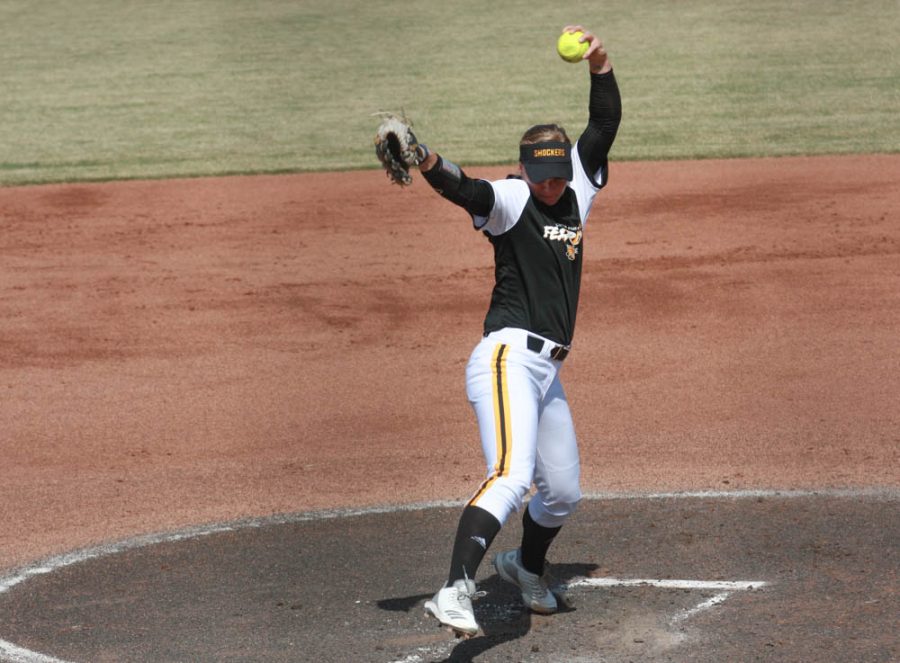 Wichita States Bailey Lange pitches during their game against Central Oklahoma on Sept. 30, 2018 at Wilkins Stadium.