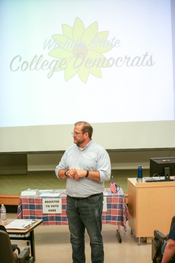 James Thompson answers students questions on Tuesday evening during the meet and greet hosted by WSU Young Democrats.