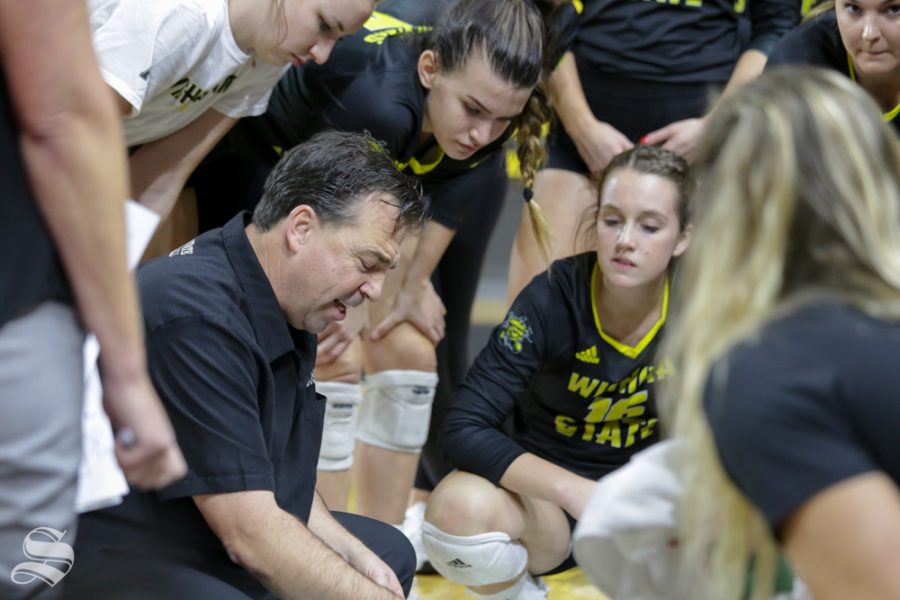 Wichita States Head Coach, Chris Lamb, talks to his players during their game against Cincinnati on Oct. 15, 2018.