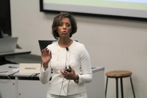 Kaye Monk-Morgan, former VP of Strategic Engagement and Planning, addresses the Faculty Senate on Oct. 22, 2018. After leaving WSU, Monk-Morgan went to work at the Kansas Leadership Center.