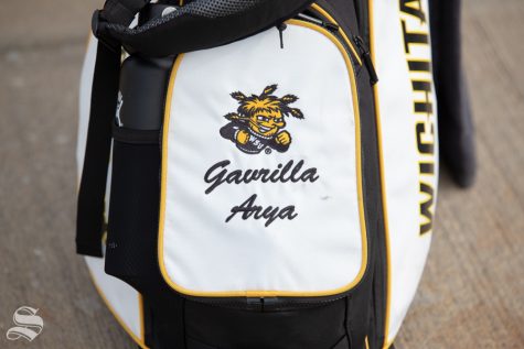 Wichita State's Gavrilla Arya's bag sits on the course during practice on Oct. 11, 2018. (File photo)