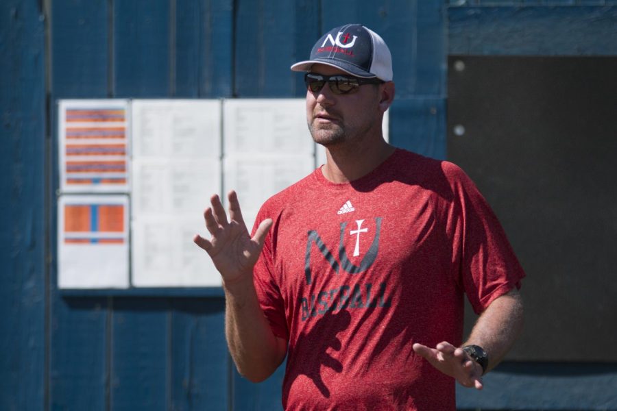 Newman University Pitching Coach Mike Pelfrey instructs pitchers during practice. Pelfrey was a pitcher for Wichita State until he was drafted after his junior year in 2005. 