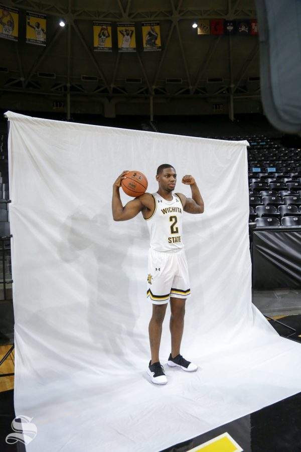 Jamarius Burton poses for a photo during Media Day at Charles Koch Arena.