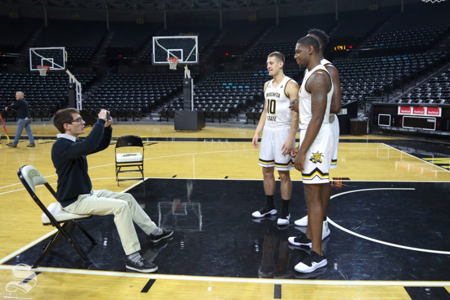 Andrew Linnabary interviews players from the Wichita State mens basketball team during media day at Koch Arena.