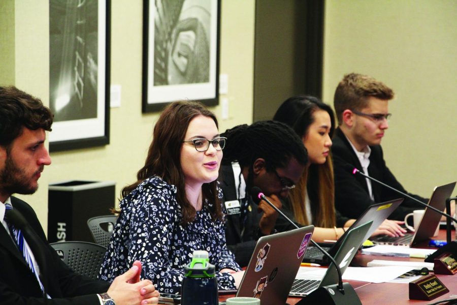 Student Body Vice President Shelby Rowell speaks during the Sept. 25 SGA meeting, where $5,000 were allocated for two livestreaming cameras. The cameras allow for repositioning and zooming by remote. (File photo)