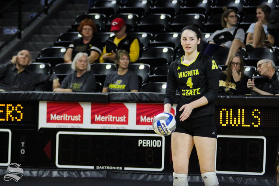 Wichita States Kora Kauling readys herself for a serve at their game against Temple on Oct. 28 at Koch Arena.