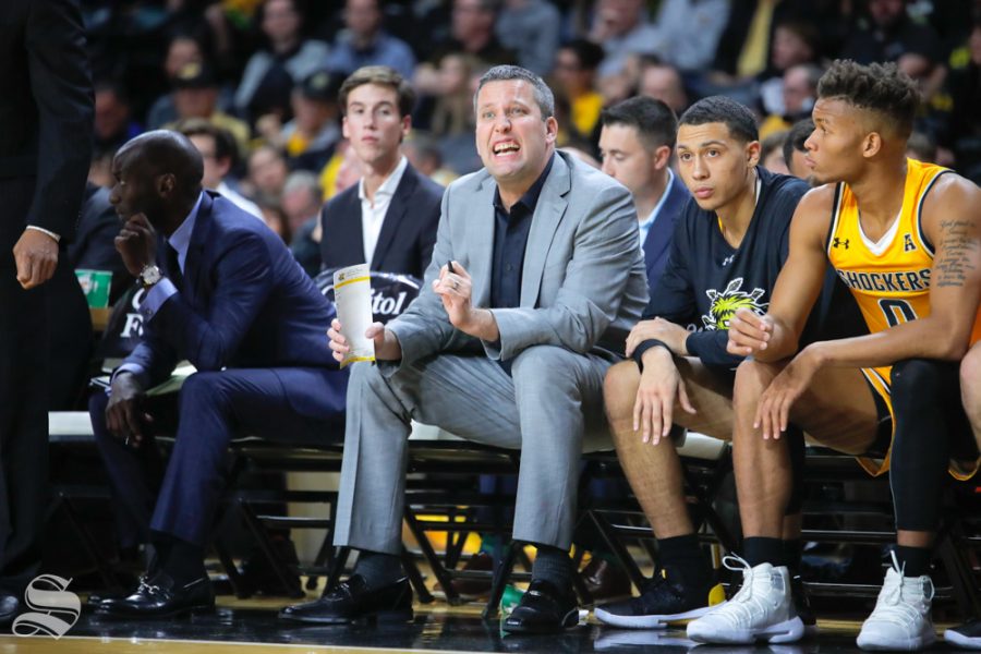 Wichita+States+Assistant+Coach%2C+Lou+Gudino%2C+looks+at+his+team+during+their+game+against+Catawba+on+Oct.+30%2C+2018+at+Koch+Arena.