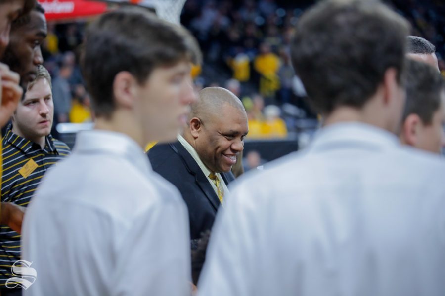 Wichita+States+Assistant+Coach%2C+Tyson+Waterman%2C+huddles+with+his+team+during+their+game+against+Catawba+on+Oct.+30%2C+2018+at+Koch+Arena.