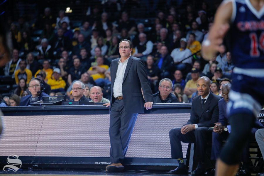 Wichita States Head Coach, Gregg Marshall, leans up against the bench during their game against Catawba on Oct. 30, 2018 at Koch Arena.
