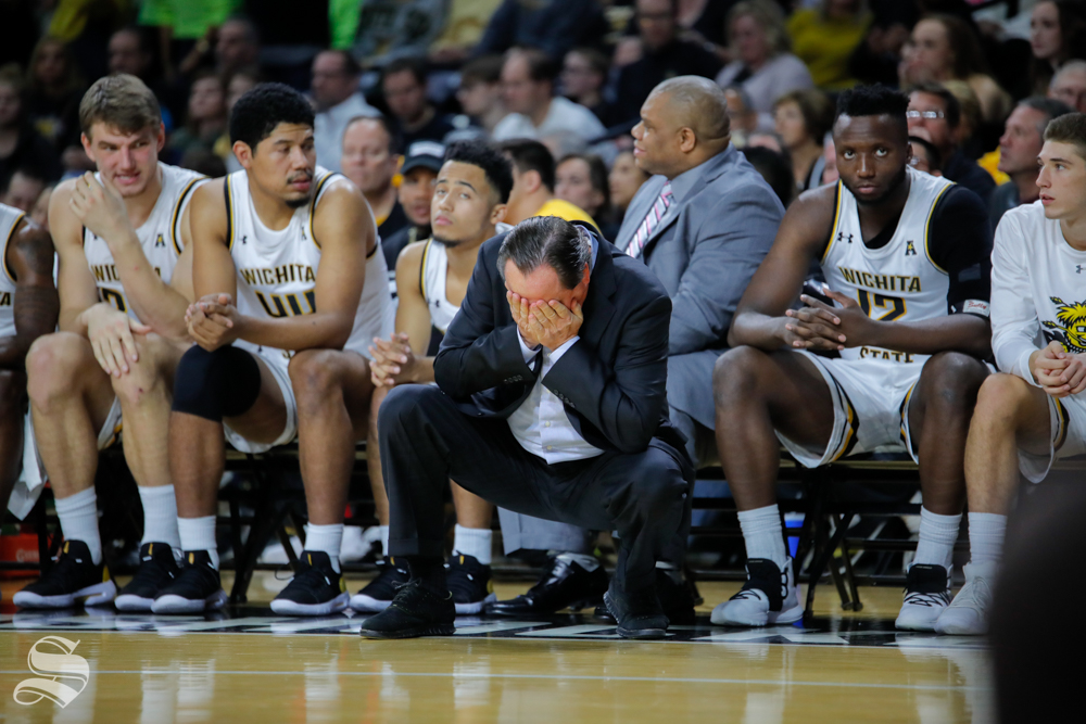 Wichita State's head coach, Gregg Marshall, rubs his face after a play during their game against Louisiana Tech in Koch Arena on Nov. 6, 2018.
