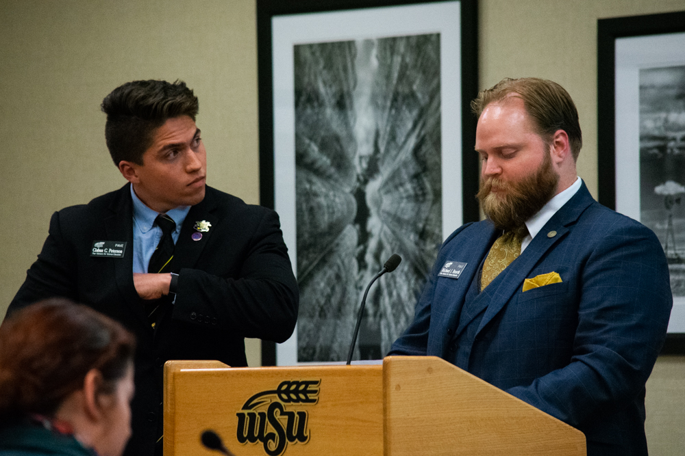 Michael Bearth and Ciaban Peterson prepare to speak to Student Senate about Veteran Affairs. Student Government Associations weekly public Senate meetings are held at 6:30pm on Wednesdays in room 233 on the second floor of the RSC.