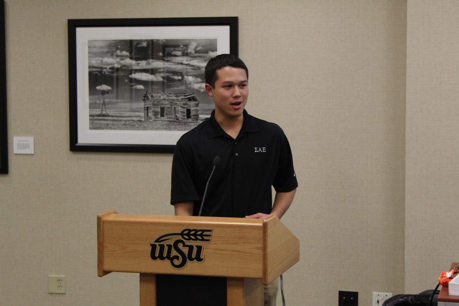 Ben Spainhour, recently appointed to the Student Supreme Court, speaks at SGA's Oct. 31 meeting. Two of the five student justice seats on the court remain vacant.