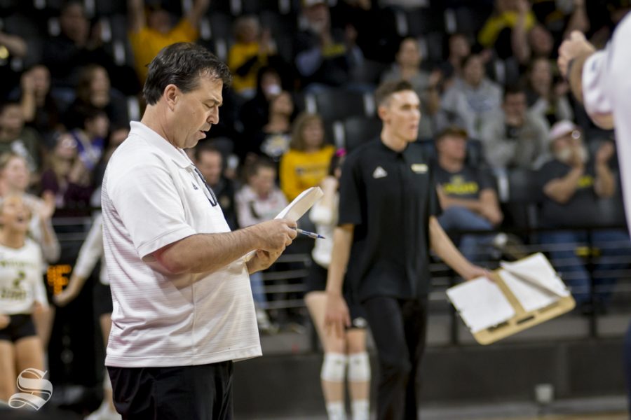 Wichita State's Head Coach, Chris Lamb, prepares for a time-out during their game against Tulsa on Wednesday evening at Koch Arena.