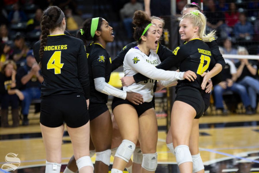 Wichita+States+Giorgia+Civita+celebrates.+Wichita+State+lost+to+Southern+Methodist+in+three+sets+Sunday+at+Charles+Koch+Arena.