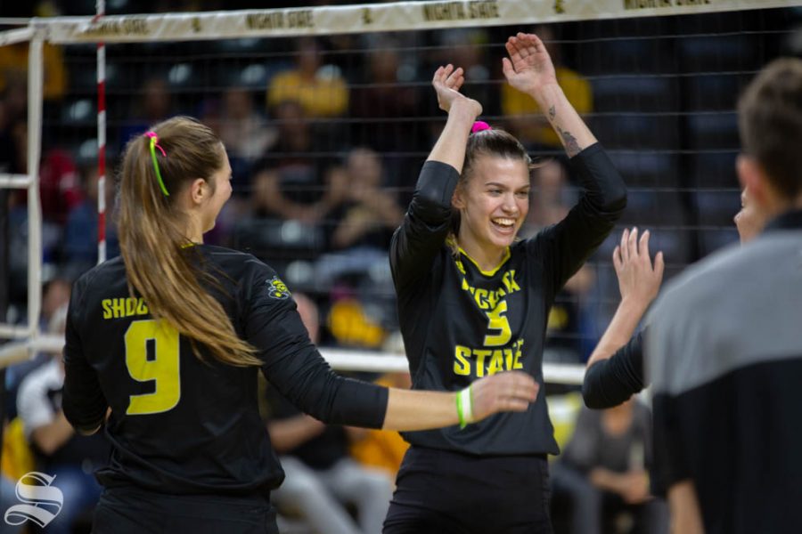 Wichita States Abby Pugh celebrates a kill. Wichita State lost to Southern Methodist in three sets Sunday at Charles Koch Arena.