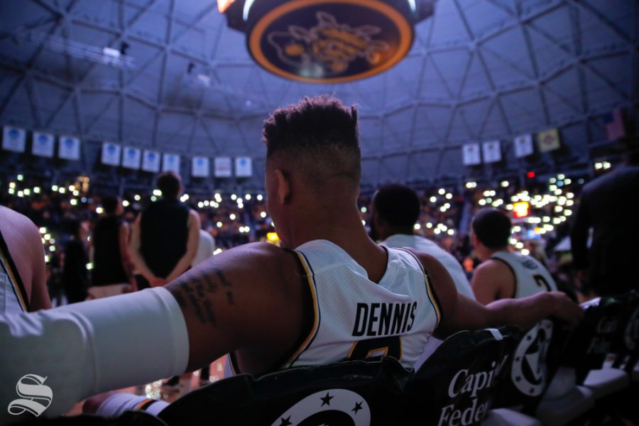 Wichita State guard Dexter Dennis waits for his name to be called at the start of their game against Baylor on Dec. 1, 2018 in Charles Koch Arena.