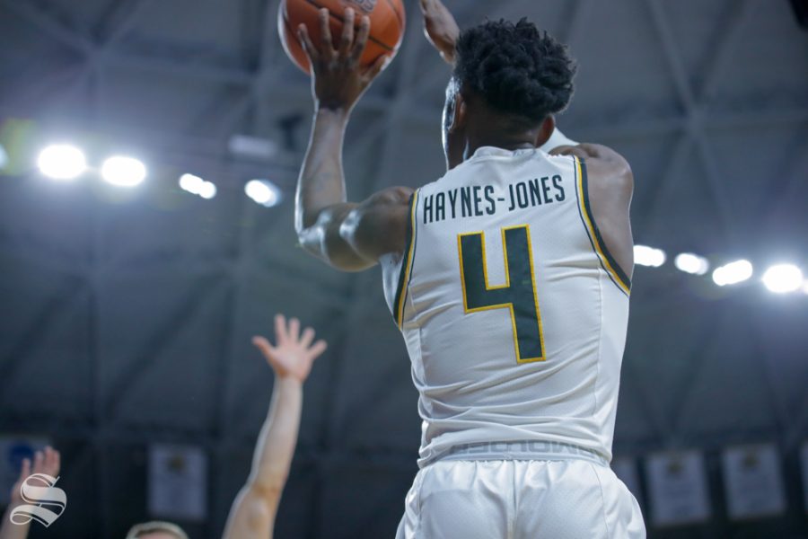 Wichita State guard Samajae Haynes-Jones takes a shot during their game against Baylor on Dec. 1, 2018 in Charles Koch Arena.