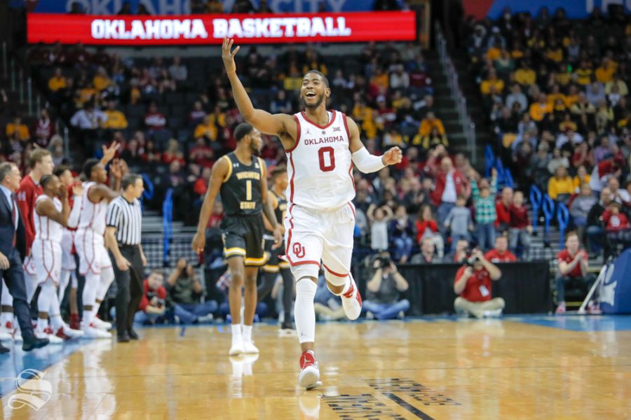 University+of+Oklahoma+guard+Christian+James+taunts+the+Wichita+State+bench+during+their+game+at+Chesapeake+Energy+Arena+in+Oklahoma+City+on+Dec.+8%2C+2018.