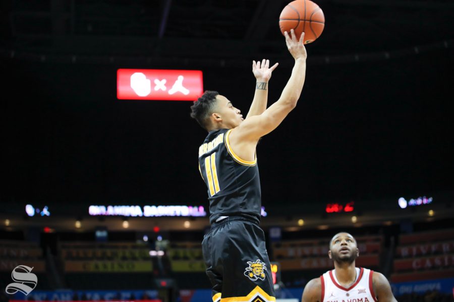 Wichita State junior Eli Farrakhan takes a shot during their game against the University of Oklahoma at Chesapeake Energy Arena in Oklahoma City on Dec. 8, 2018.