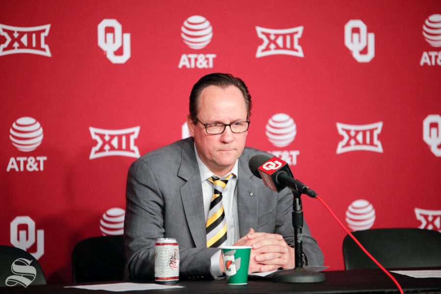 Head Coach Gregg Marshall looks disspleased after their loss to the University of Oklahoma at Chesapeake Energy Arena in Oklahoma City on Dec. 8, 2018.