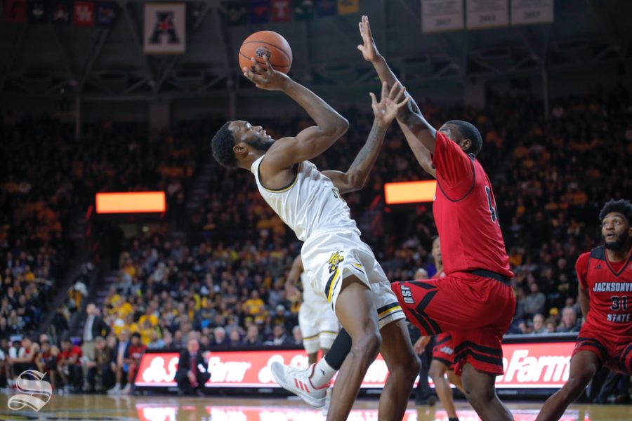 Wichita State forward Markis McDuffie takes a shot during their game against Jacksonville State on Dec. 12, 2018 at Charles Koch Arena.