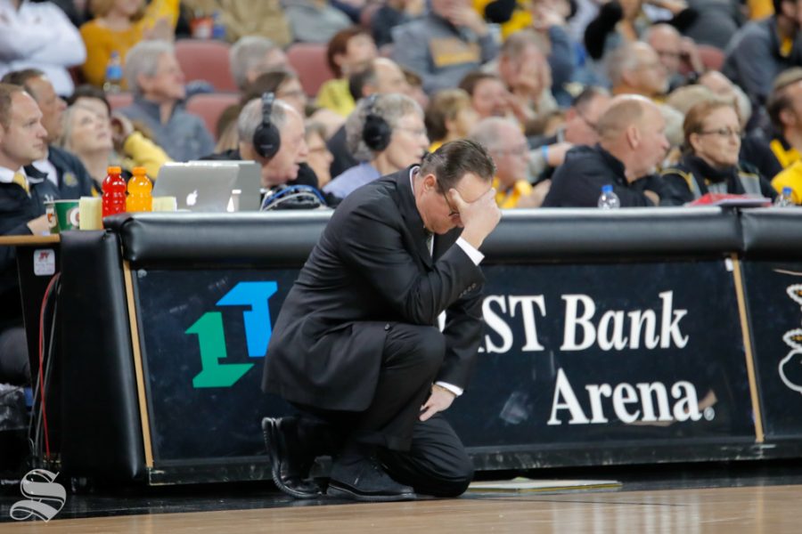 Head Coach Gregg Marshall holds his head after a bad pass during their game against Southern Miss on Dec. 15, 2018 at INTRUST Bank Arena.