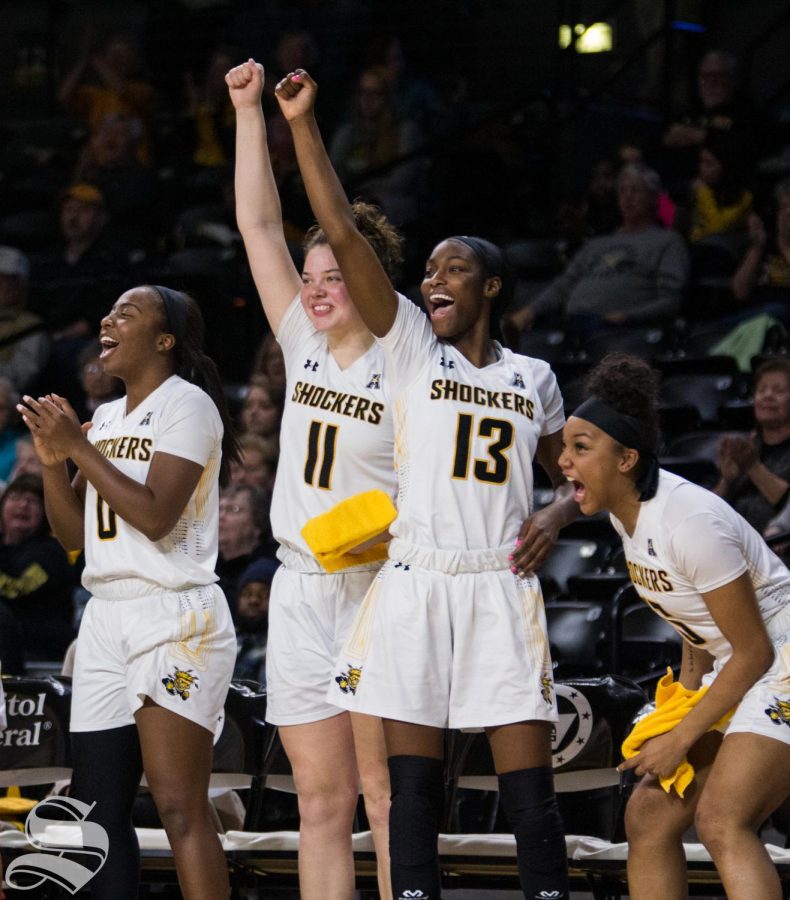 Shockers celebrate from the bench after scoring against Savannah State Sunday, Dec. 30, 2018.