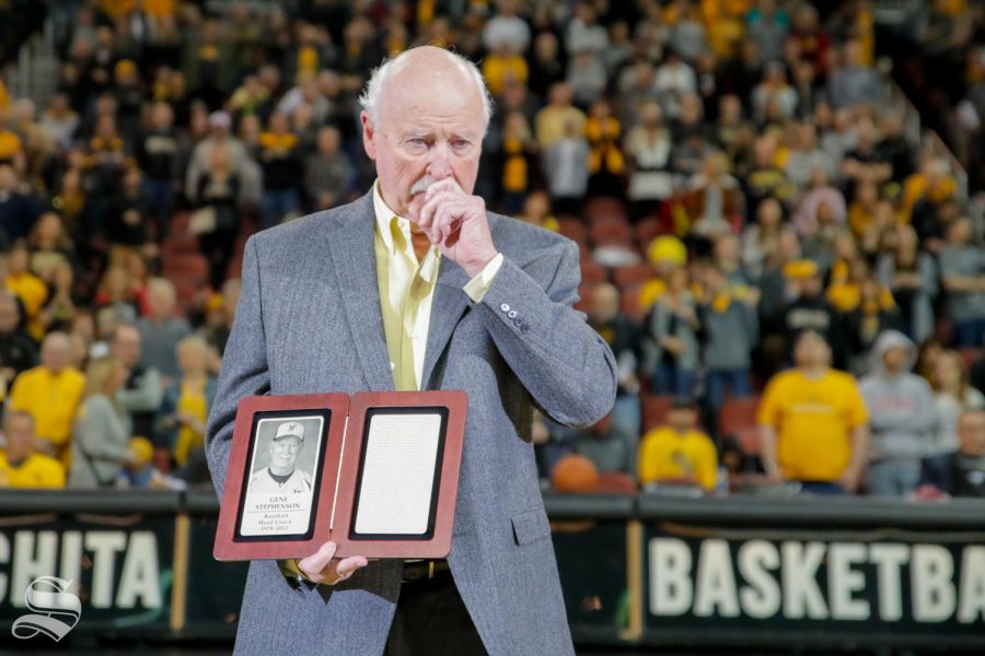 Ex-Wichita State baseball coach Gene Stephenson holds back tears. Wichita State inducted Stephenson into the Hall of Fame on Saturday. Stephenson led Wichita State to seven College World Series appearances, and in 1989, WSU won the College World Series. 