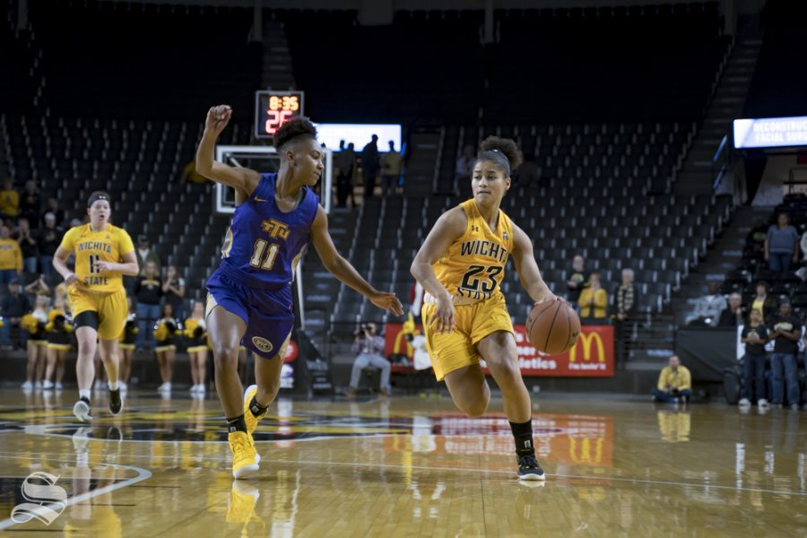 Wichita State freshman Seraphine Bastin drives to the basket during their game against Tennessee Tech on Dec. 2, 2018 at Koch Arena.