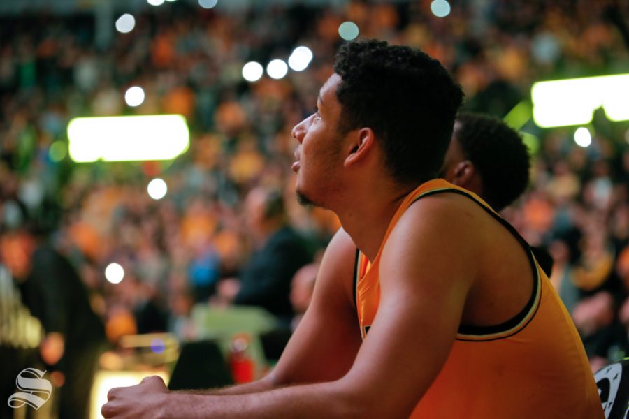 Wichita State forward Jaime Echenique looks up to the video board before their game against UCF on Jan. 16, 2019 at Charles Koch Arena.