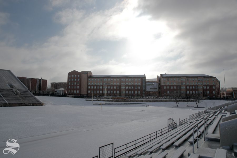 Shocker Hall is covered in snow on Jan. 19, 2019. (Photo by Joseph Barringhaus/The Sunflower).