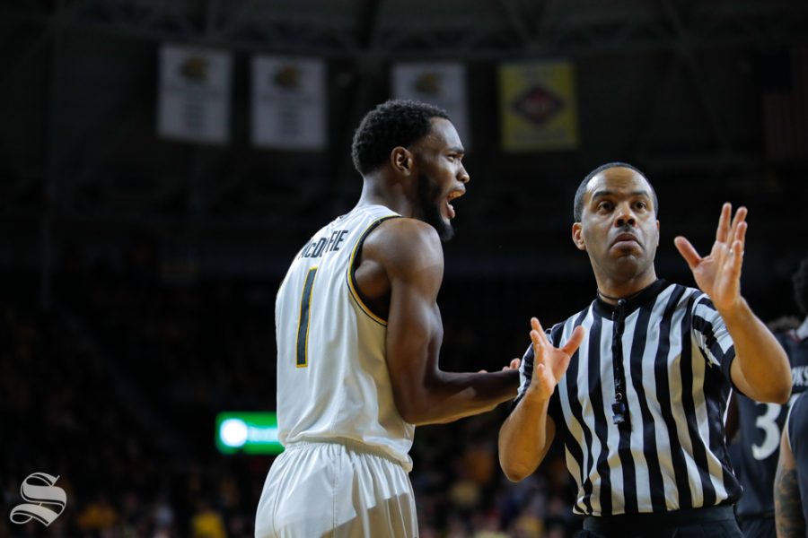 Wichita State senior Markis McDuffie looks in shock after Erik Stevenson received a foul in the game on Jan. 19, 2019 at Charles Koch Arena.