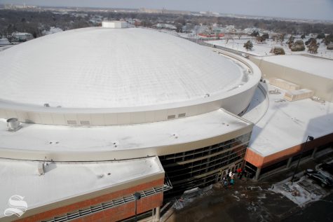Charles Koch Arena is covered with snow prior to the game between Wichita State and Cincinnati on Jan. 19, 2019. Snow came through the Wichita area on Friday night, causing the parking lots at Wichita State to remain frozen. At tipoff the temperature is expected to be 22 degrees with a windchill bringing it down to 7 degrees. (Photo by Joseph Barringhaus/The Sunflower).
