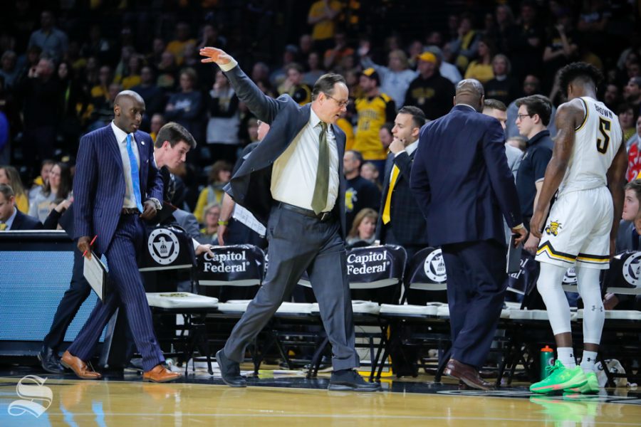 Wichita State coach Gregg Marshall waves his hand to the refs during the game on Jan. 19, 2019 at Charles Koch Arena. (Photo by Joseph Barringhaus/The Sunflower).