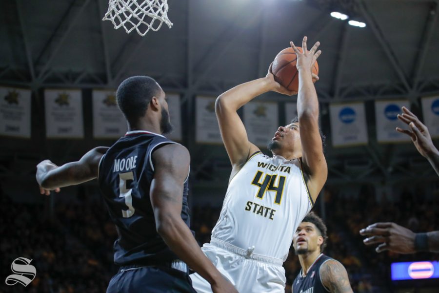 Wichita State center Isaiah Poor Bear-Chandler makes a shot during the game against Cincinnati on Jan. 19, 2019 at Charles Koch Arena.