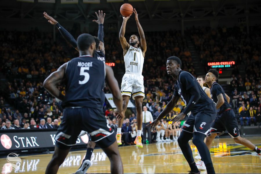 Wichita State senior Markis McDuffie takes a shot during the game against Cincinnati on Jan. 19, 2019 at Charles Koch Arena. (Photo by Joseph Barringhaus/The Sunflower).