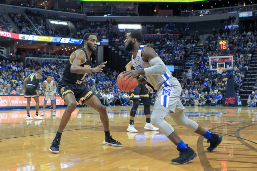 Wichita State senior Markis McDuffie defends against Memphis senior Raynere Thorton during their game in Memphis, Tenn. on Jan. 4, 2019. (Photo by Jerald Holiday/The Daily Helmsman)