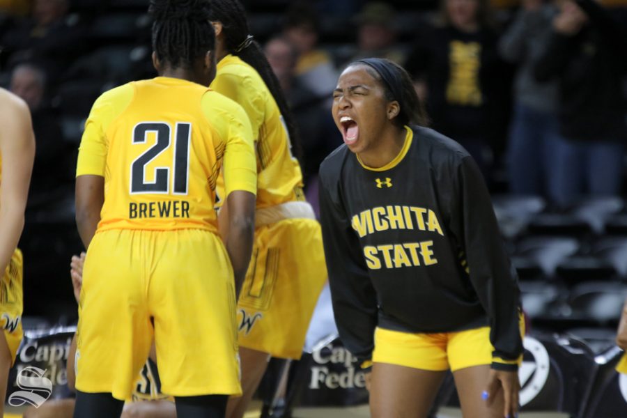 Wichita State guard Jada Peacock celebrates with guard Maya Brewer during the game against the ECU Pirates on Jan. 29, 2019 at Charles Koch Arena. (Photo by Austin Shaw/The Sunflower).