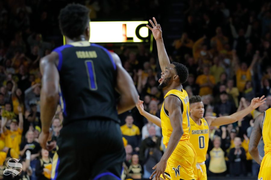 Wichita State senior Markis McDuffie celebrates after making a three-point basket during the game against Tulsa on Feb. 2, 2019 at Charles Koch Arena. McDuffie scored 27 points in their win over Tulsa on Saturday. (Photo by Joseph Barringhaus/The Sunflower).