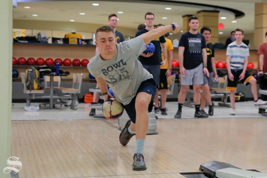 Wichita State freshman Nick Sommer practices with his team on Feb. 12, 2019 at the Rhatigan Student Center. Sommer wants to own his own business after college, preferably in the bowling industry. (Photo by Joseph Barringhaus/The Sunflower).