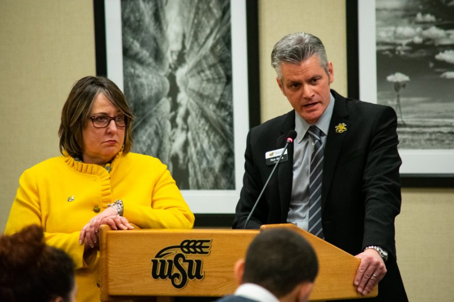 Provost Muma, with Vice President of Student Affairs Teri Hall, answers a question regarding the upcoming Student Fees Referendum from a student body senator at the SGA meeting on Wednesday, February 27.