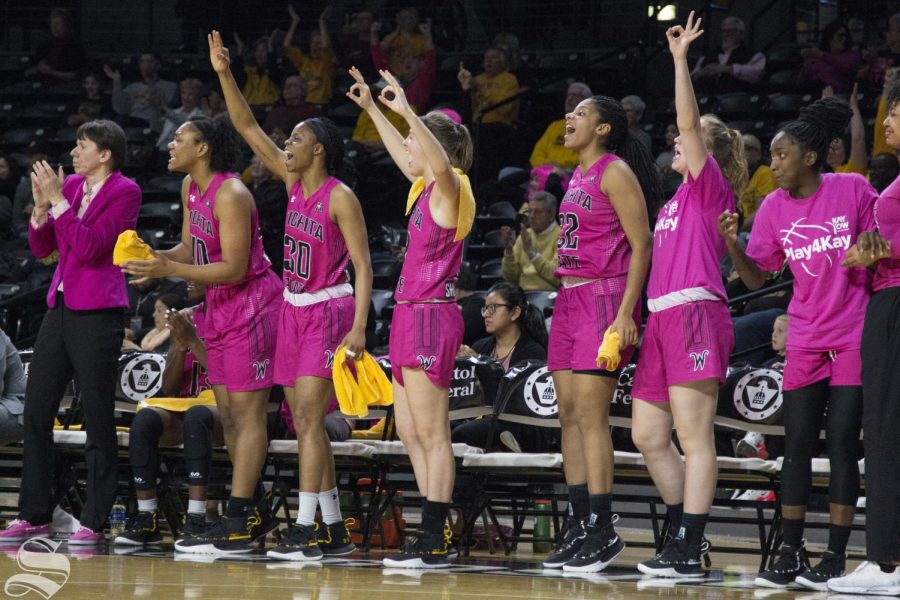 Wichita State celebrates from the bench during the game against SMU at Koch Arena on Sunday, Feb. 17, 2019.