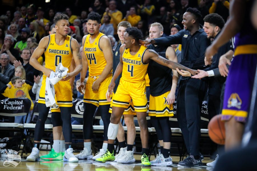 Wichita+State+senior+Samajae+Haynes-Jones+celebrates+with+his+teammates+after+stepping+off+the+court+at+Charles+Koch+Arena+for+possibly+the+last+time.+Wichita+State+beat+ECU+72-55+on+March+5%2C+2019+at+Charles+Koch+Arena.+%28Photo+by+Joseph+Barringhaus%2FThe+Sunflower.%29