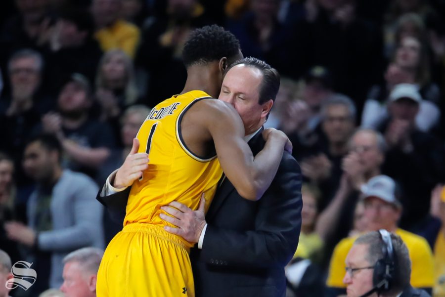 Wichita State senior Markis McDuffie hugs coach Gregg Marshall  after stepping off the court at Charles Koch Arena for possibly the last time. (Photo by Joseph Barringhaus/The Sunflower.)