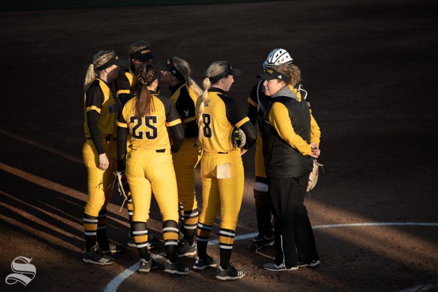 Wichita State collects themselves during the game against Oklahoma State University in Stillwater, OK on March 6, 2019. (Photo by Joseph Barringhaus/The Sunflower.)