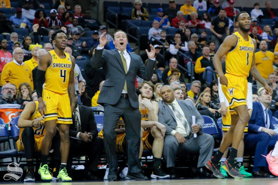 Coach Gregg Marshall and the Shocker bench wait for a shot to drop during the second half of the game against Temple on March 15, 2019 at the FedExForum in Memphis, Tennessee. (Photo by Joseph Barringhaus/The Sunflower).