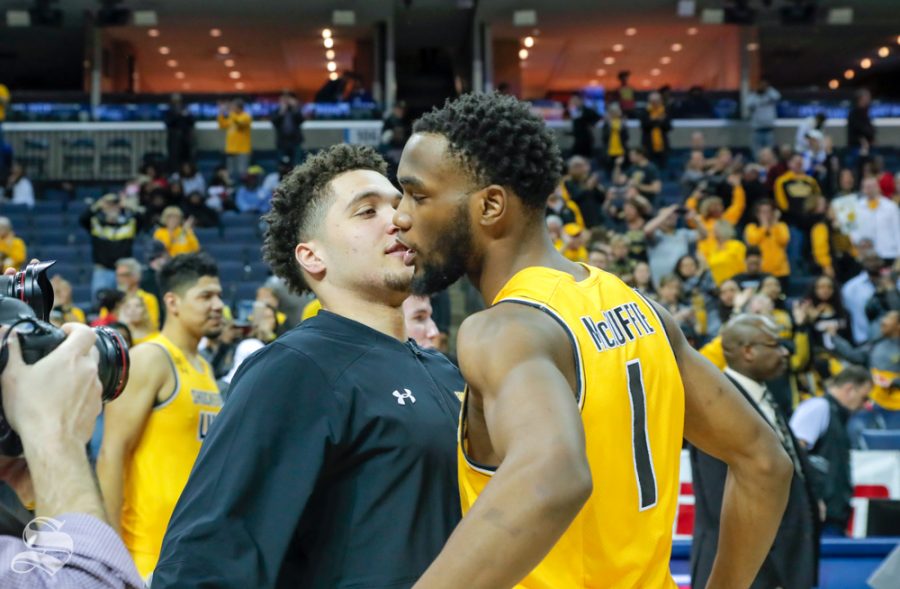 Wichita+State+sophomore+Teddy+Allen+celebrates+with+senior+Markis+McDuffie+after+the+game+against+Temple+on+March+15%2C+2019+at+the+FedExForum+in+Memphis%2C+Tennessee.+%28Photo+by+Joseph+Barringhaus%2FThe+Sunflower%29.