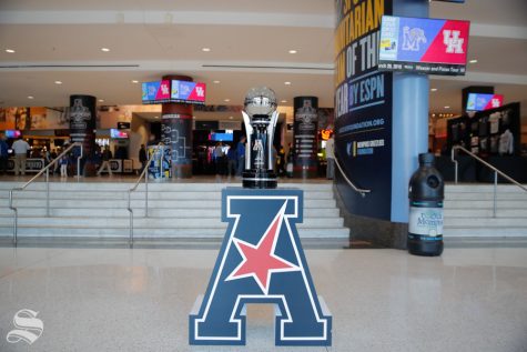 The American Athletic Conference tournement trophy sits in the concourse of the FedExForum before Wichita State's semifinal game against Cincinnati on March 16, 2019 in Memphis, Tennessee.