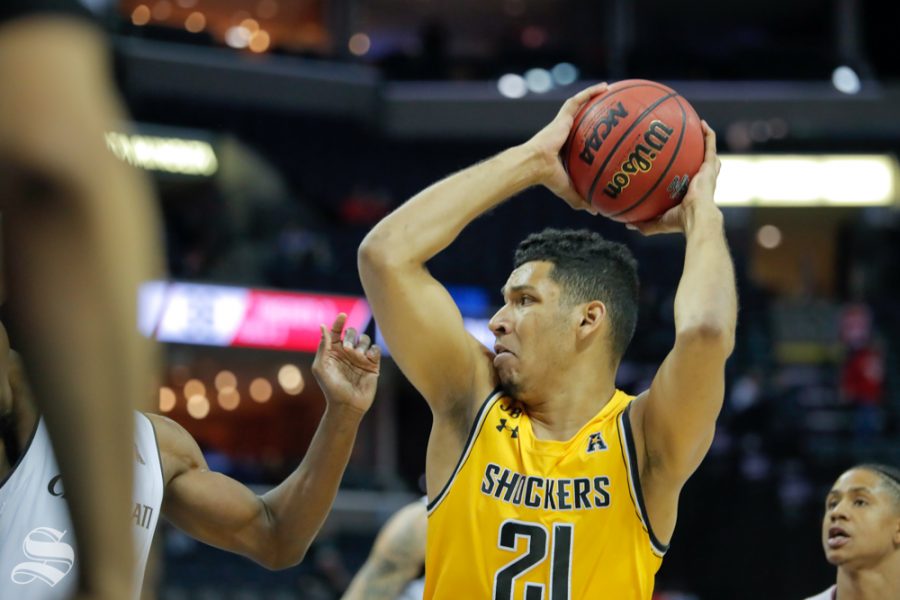 Wichita State forward Jaime Echenique looks for a pass during the second half of the game against Cincinnati on March 16, 2019 at the FedExForum in Memphis, Tennessee. (Photo by Joseph Barringhaus/The Sunflower).